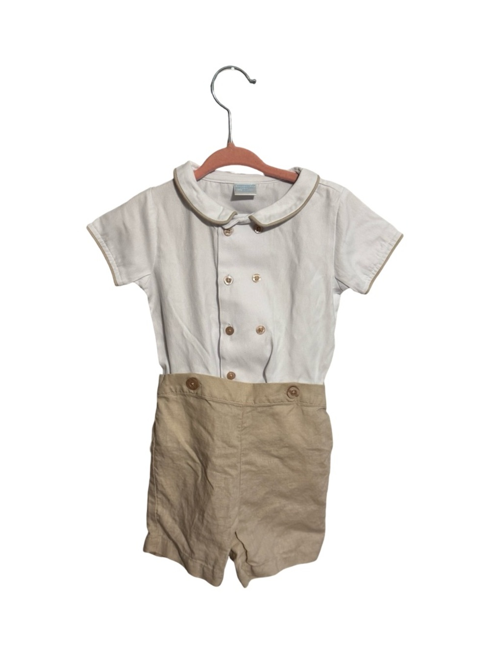 Edgehill Collection Boys 12M Shortall Romper White Tan Peter Pan Collar